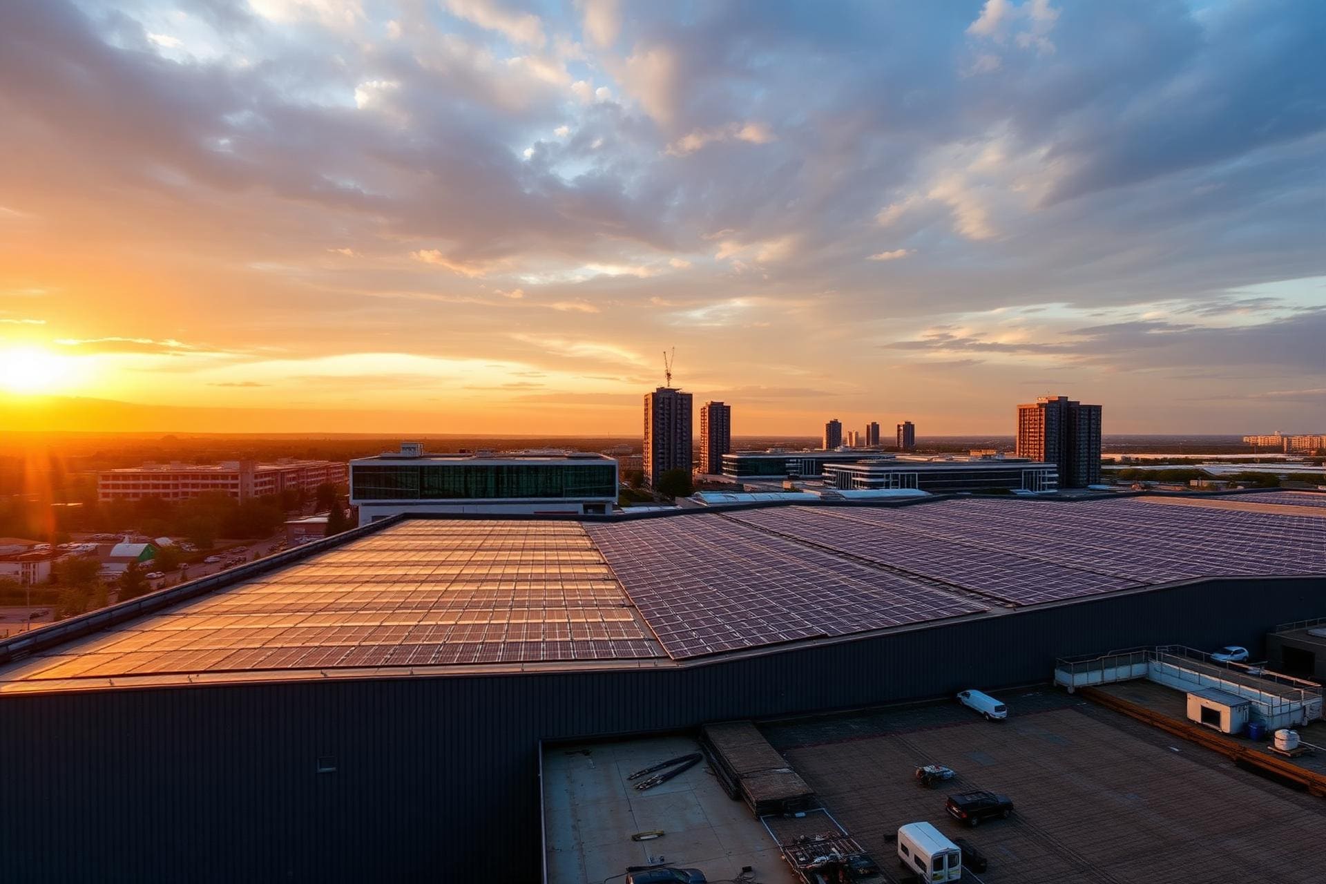 Impianto fotovoltaico industriale al tramonto